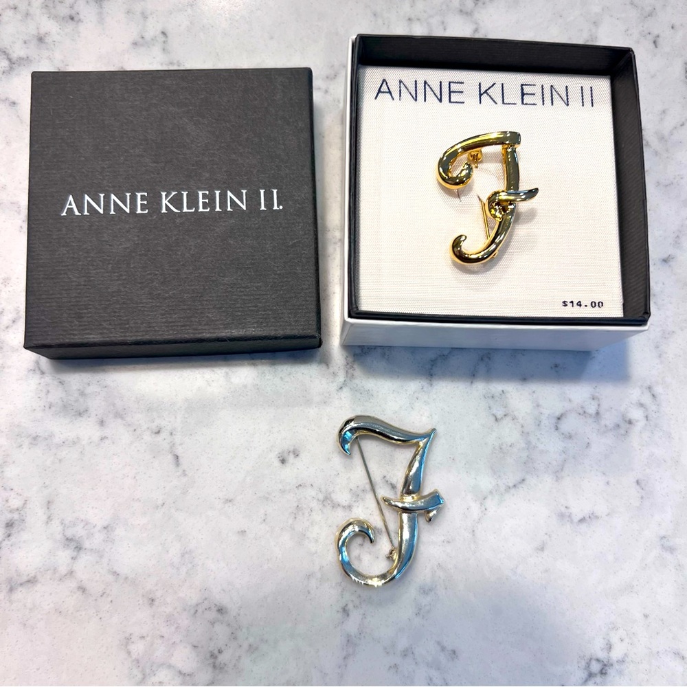 ANNE KLEIN II Vintage Letter F brooch, gold F pin, monogram F pins